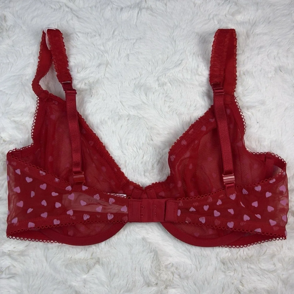 Victoria's‎ Secret Tease Hearts Mesh Unlined Demi Bra Red White Hearts 34D NWT